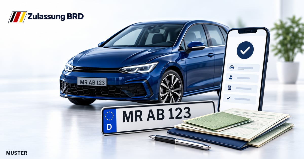 Online Fahrzeugzulassung in Wetter (Hessen): Musterkennzeichen MR AB 123, Auto und Fahrzeugpapiere und Smartphone. Illustration mit Logo von Zulassung BRD.